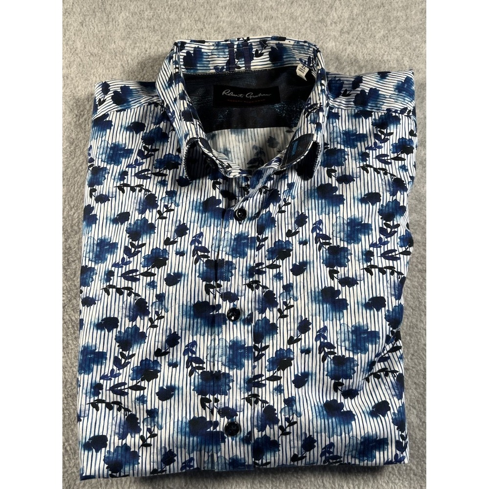 Robert Graham Modern Americana Mens XL Blue Black Abstract Floral Dress Shirt